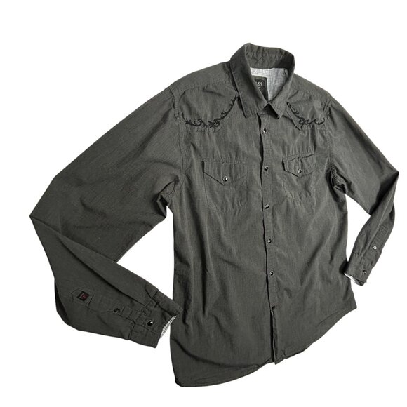 Guess Shirt Mens L Pearl Snaps Embroidered Grey Contrast Trim Western Cowboy - Picture 3 of 15